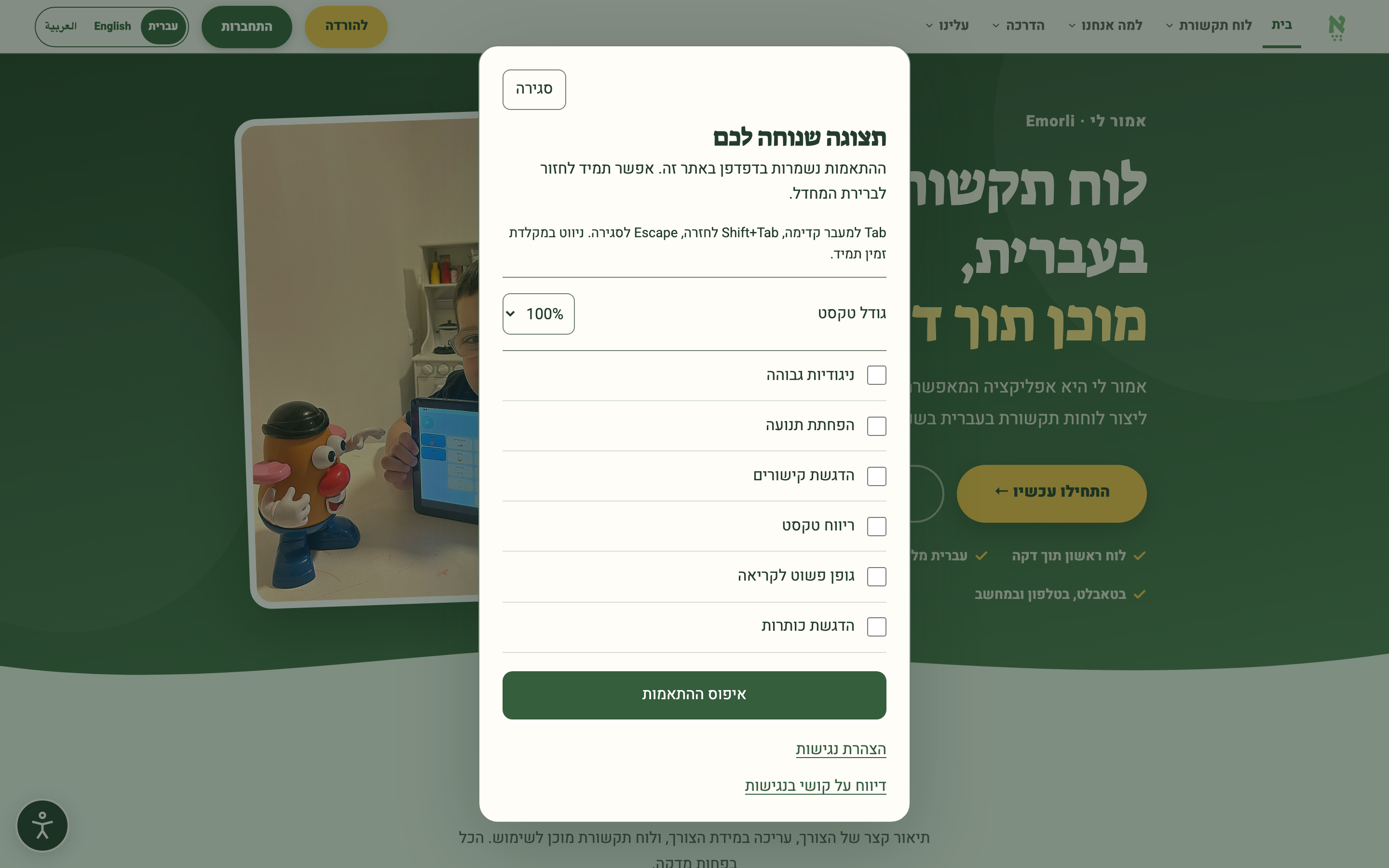 מרכז הנגישות באתר — גודל טקסט, ניגודיות גבוהה והתאמות קריאה